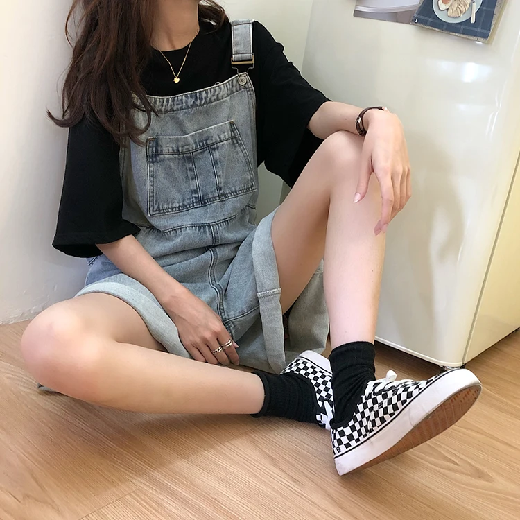 

SML 2colors Summer korean preppy style Jumpsuit Denim Overalls Casual Girls vintage wide leg Jeans Shorts womens (78335)