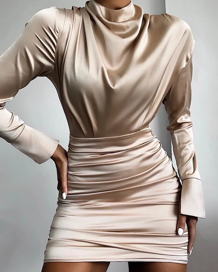 2019 короткое платье-футляр с воротником-стойкой и длинным рукавом женское