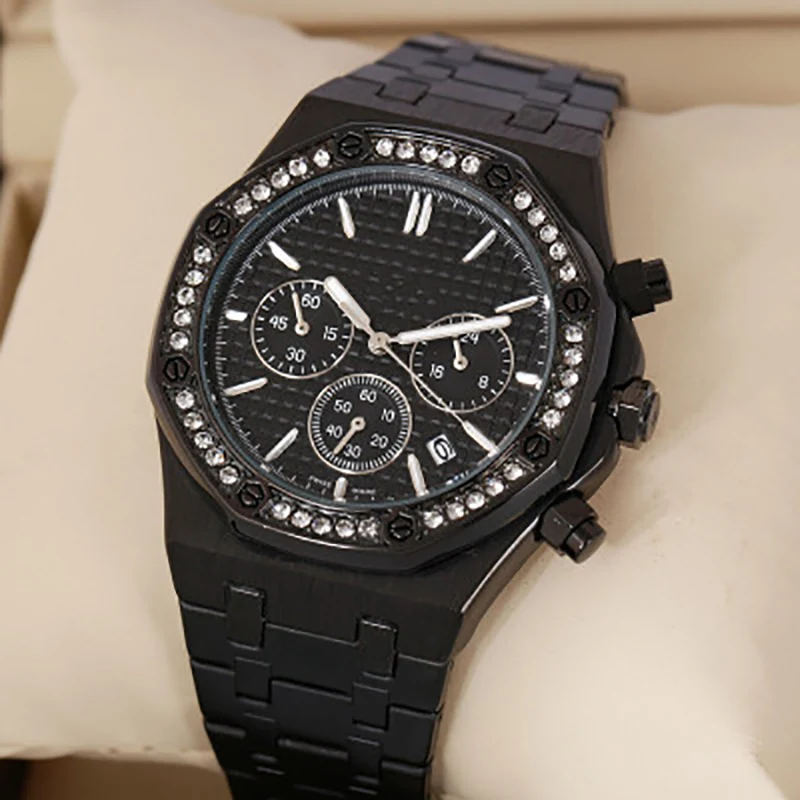 

Multifunction Watch For Mens Three Eyes 6-Hands Calendar Diamonds Quartz Wristwatches Golden Business Dress Casual Male Clock M