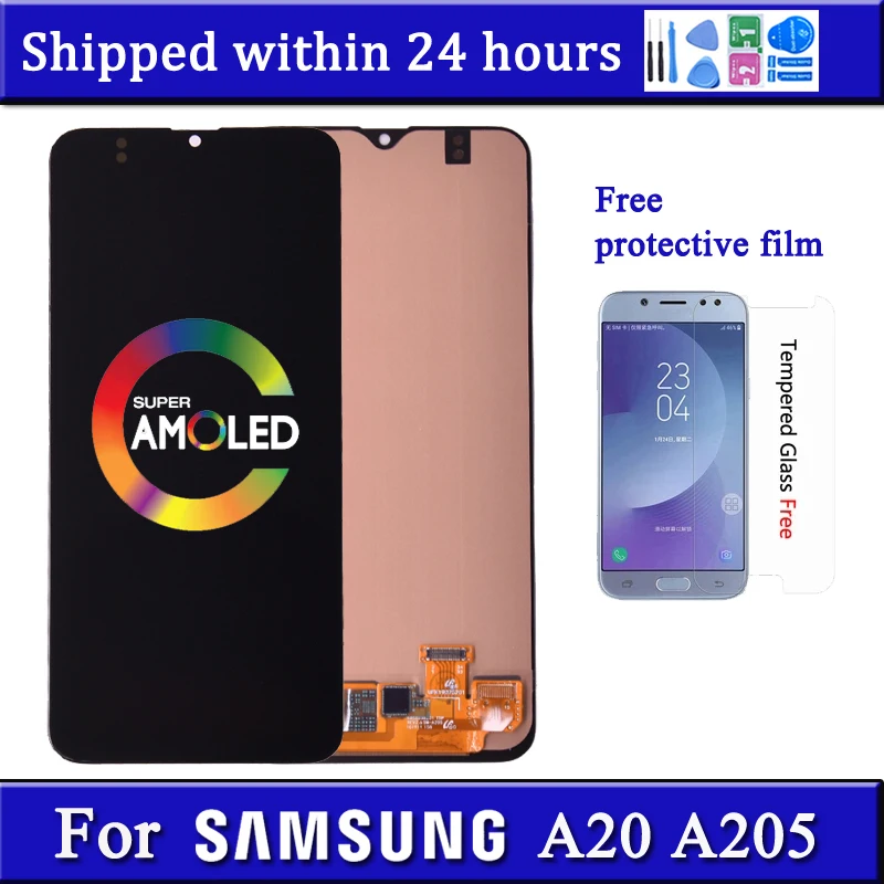 

Экран для Samsung A20, AMOLED дисплей A205, A205F, A205FN, ЖК-дисплей A205GN, A205S, запасной дигитайзер в сборе с рамкой