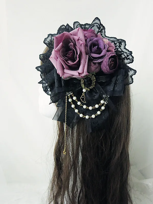 

Handmade Mori Girl Lolita Vintage Gothic Dark Gothic Rose Pill Hairpin Side Clip Palace Style Headdress Bead Chain Headwear Prop