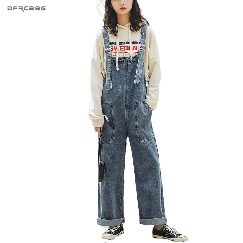 Женские джинсовые брюки с широкими штанинами синие свободные комбинезоны на