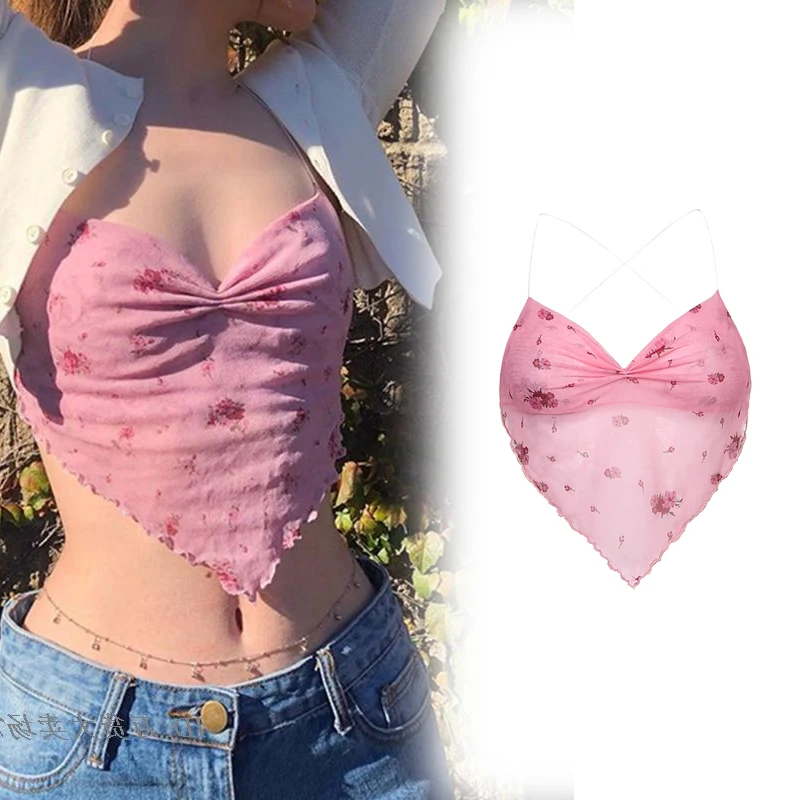 

2021 Summer Fashion Womens Pink Camis Tanks Tops Thin Flower Print Sexy Casual Tank Off Shoulder V-neck Sleeveless Daily Tees