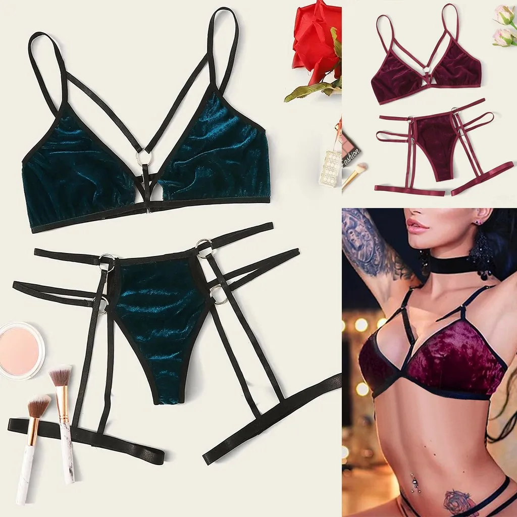 

Lingerie Sexy Bra Set Sexy Women Velvet Bandage Lingerie Set With Garter Underwear Wireless Bra Stanik Damski Bielizna Erotyczna