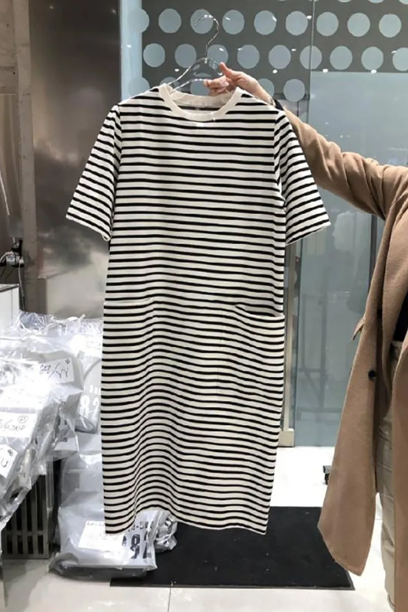 

2021 Summer New Elegant Pocket Loose Dress Striped Short Sleeve Dress for Women Fashion Loose Waist H Line Female Dress