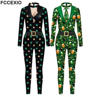 fccexio new cosplay st patricks day 3d clover 3d print sexy bodysuits women long sleeve skinny party jumpsuits