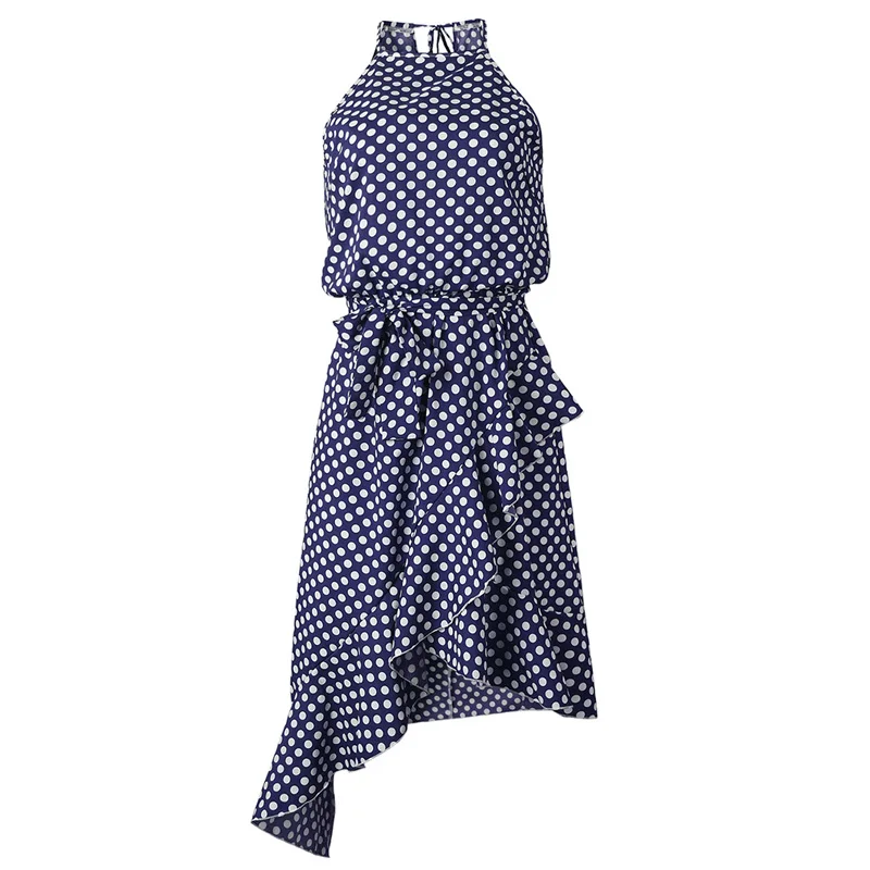 

Vintage Women Polka Dot Dresses Ruffles Halter Irregular Lace Up Dress Summer Sleeveless Dresses For Female Vestidos Beach Dress
