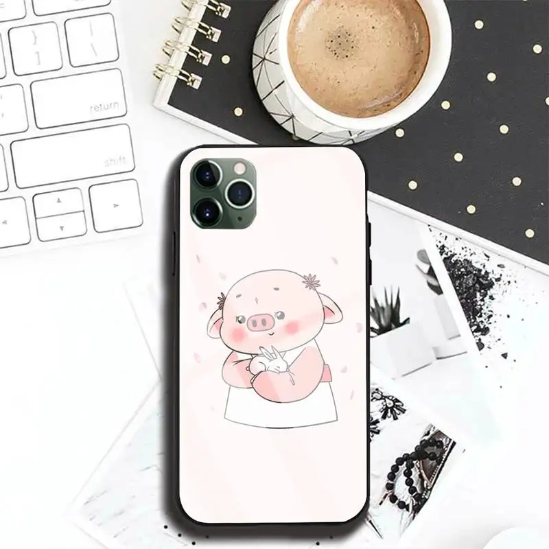 

Luxury Pig little fart Cute Phone Case For Iphone 11 Pro MAX XR X 7 8Plus SE2020 DIY Shockproof Glass Soft Silicone Edge