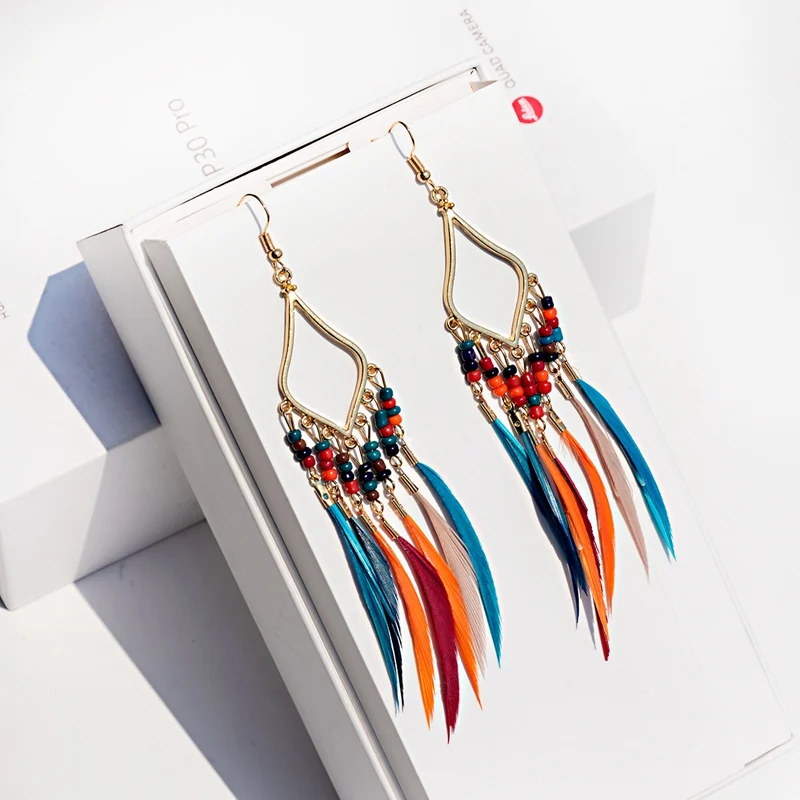 2019 летние богемные Бохо перо Длинные серьги с кисточками для женщин ручной
