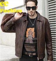 free shipping 2021 popular style genuine leather jacket vintage brown cowhide coatmen fashion biker jacket asian size thick