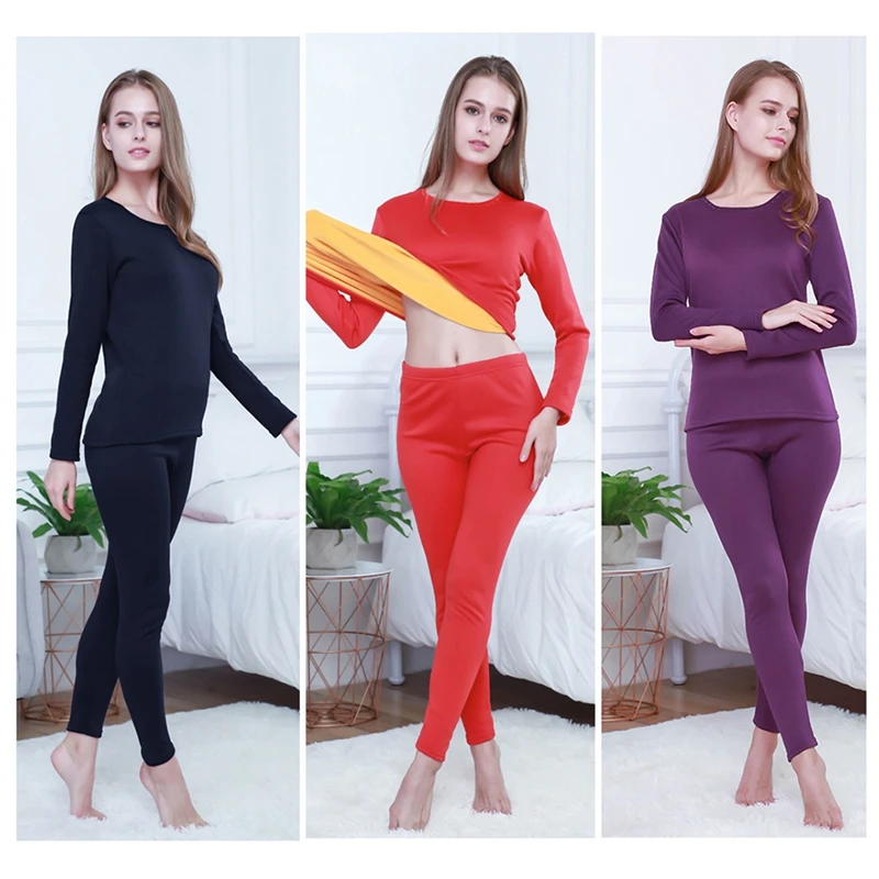

2pc Women Brand New Thermal Underwear Sets Warm Casual Underwear Cotton Long Johns Sets Female Thickened Velvet Thermal Pajamas