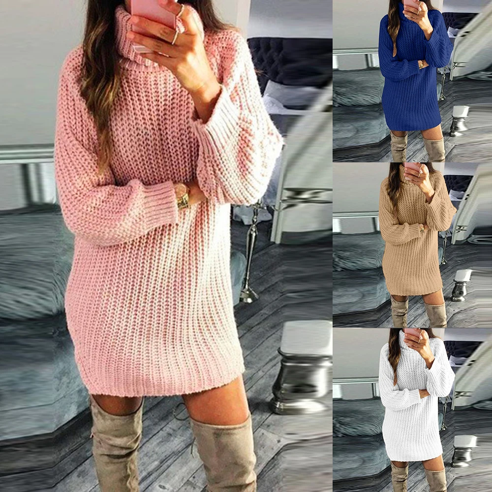 HEFLASHOR 2019 Knitted Sweater Dress Women Solid Autumn Turtleneck Pullover Casual Long Sleeve Jumpers Ropa Mujer Vestidos | Женская