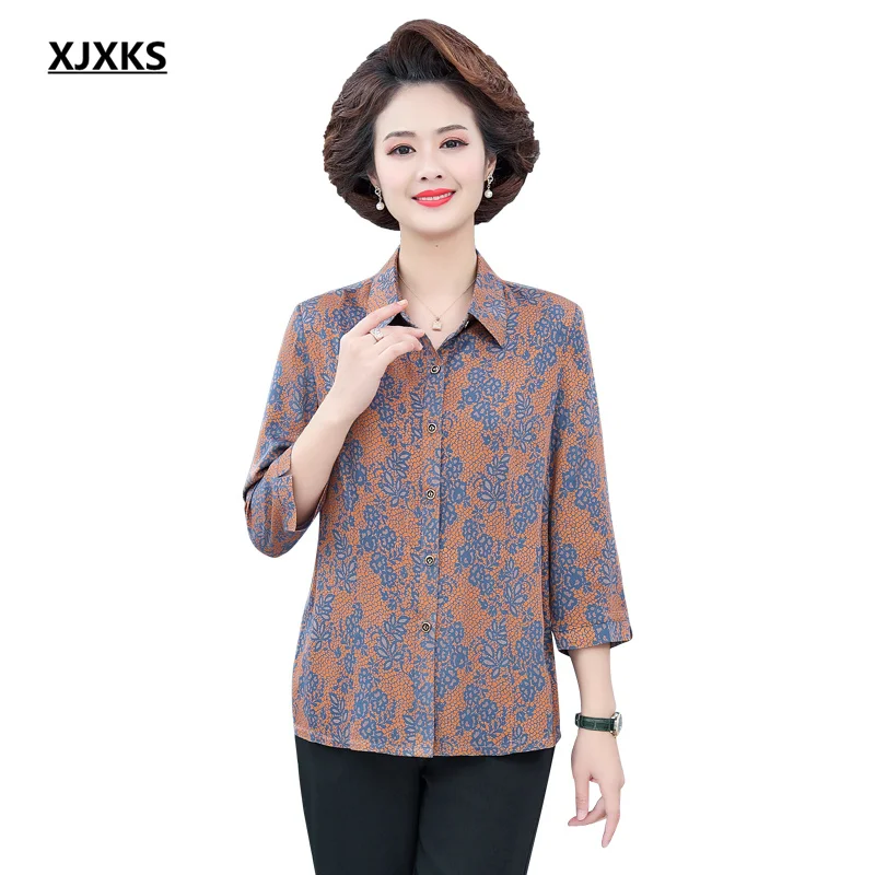 

XJXKS, модная женская блузка с отворотом, Новинка лета 2021, высококачественный топ с рукавом три четверти и принтом, женская рубашка