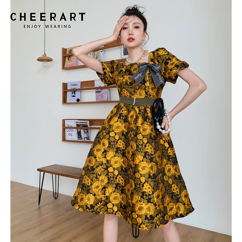 

Винтажное жаккардовое платье CHEERART с цветочным принтом, летнее Золотое платье с коротким рукавом, трапециевидной формы, с квадратным вырезо...