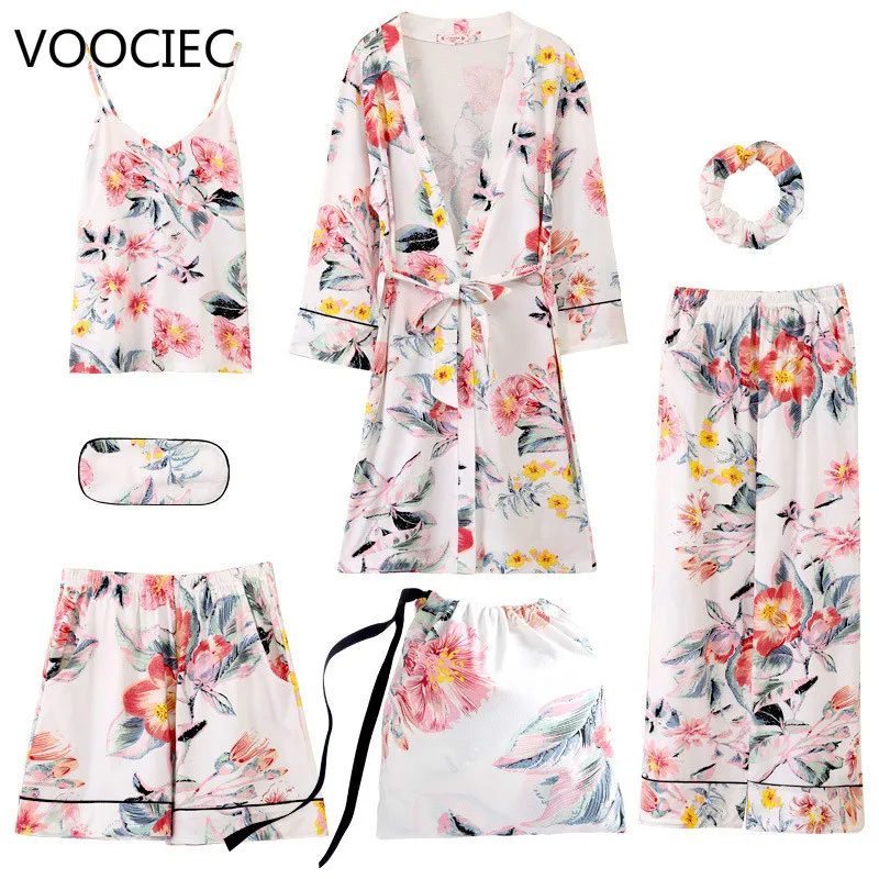 

VOOCIEC 7 шт. домашний костюм в китайском стиле, простая и стильная Пижама для женщин, жилет на бретельках, элегантный Пижамный костюм