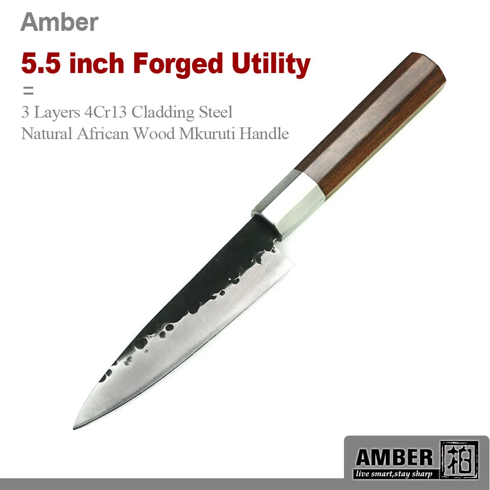 

Янтарный 5,5 дюймовый кованый универсальный нож, 3-слойные облицовочные Стальные Кухонные ножи AUS10, Африканский деревянный кухонный нож с нес...