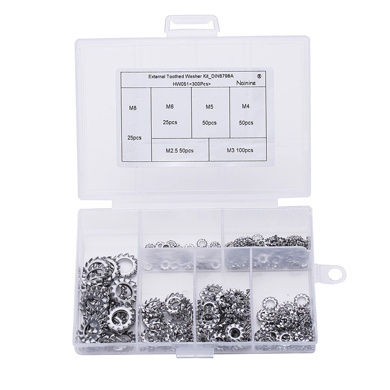 

UMYUU 300Pcs/set M2.5 M3 M4 M5 M6 M8 Mix DIN6798A 304 Stainless Steel Washers External Toothed Gasket Serrated Lock Washer Kit