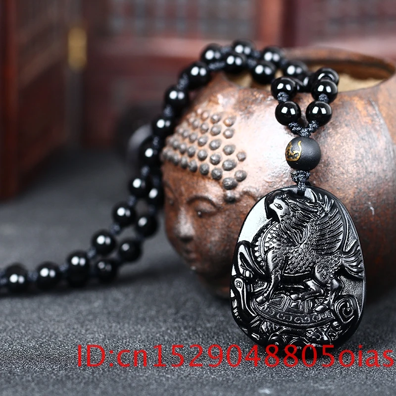 Натуральный черный обсидиан бусы ожерелье ручной работы ДРАКОН лошадь нефрит