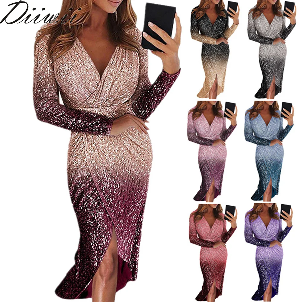 

Diiwii Women Sexy Irregular Evening With Long Sleeves And Color-Changing Sequins Fishtail Dress