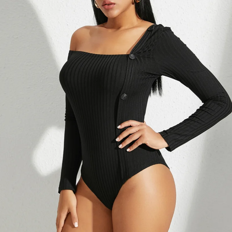 

Europen American One Piece Jumpsuit Casual Sexy Slim Bodycon Solid Bodysuit Women Slash Neck Long Sleeve Tops for Women Spring