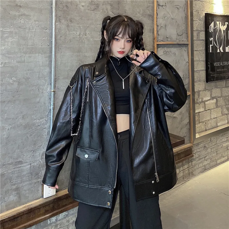 Мото куртка женская кожаная с длинным рукавом в японском стиле | Женская одежда