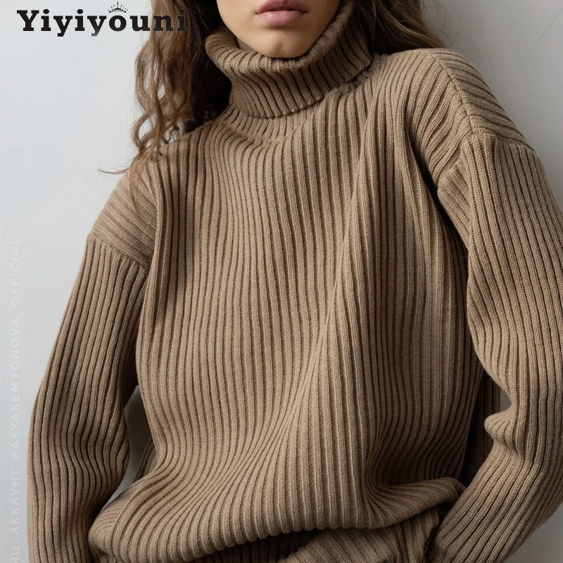 

Yiyiyouni Autumn Winter Turtle Neck Knitted Sweater Women Loose-fitting Soft Warm Pullovers Female Casual Basic Knitwear Jumper