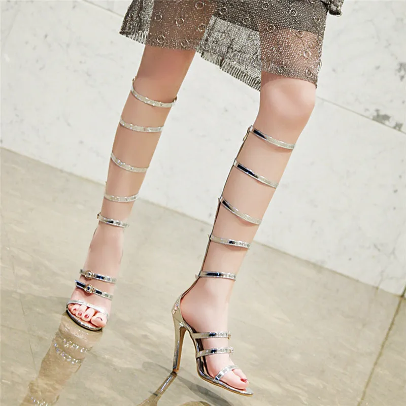 

AGODOR gladiator sandals women knee high heels strappy sandals 2020 new sexy stiletto heels ladies summer shoes big size 46