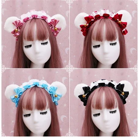 

Mori Girl Handwork Cosplay Lovely Maid Plush Bear Ear Lace Bow Ribbon Headband Japanese Cute Multicolour KC Hair Hoop Headdress