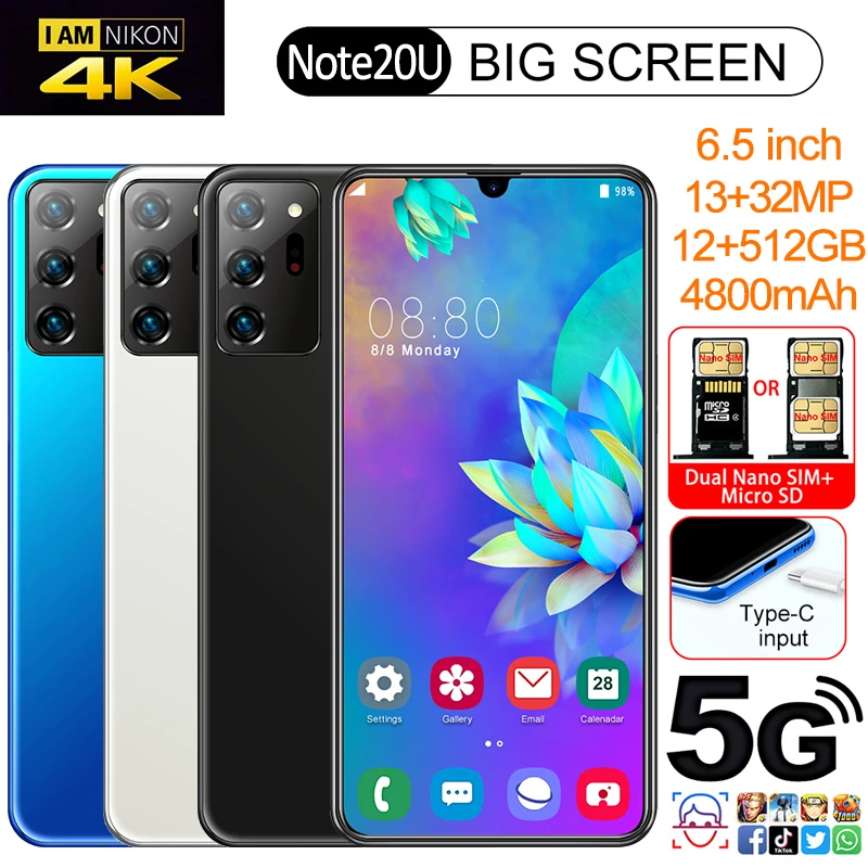 

Mobile Phones Note20U MTK6799 6.5 inch 4800mAh Android9.0 12GB+512GB Face Unlock Global Version Phones Dual SIM Smartphones