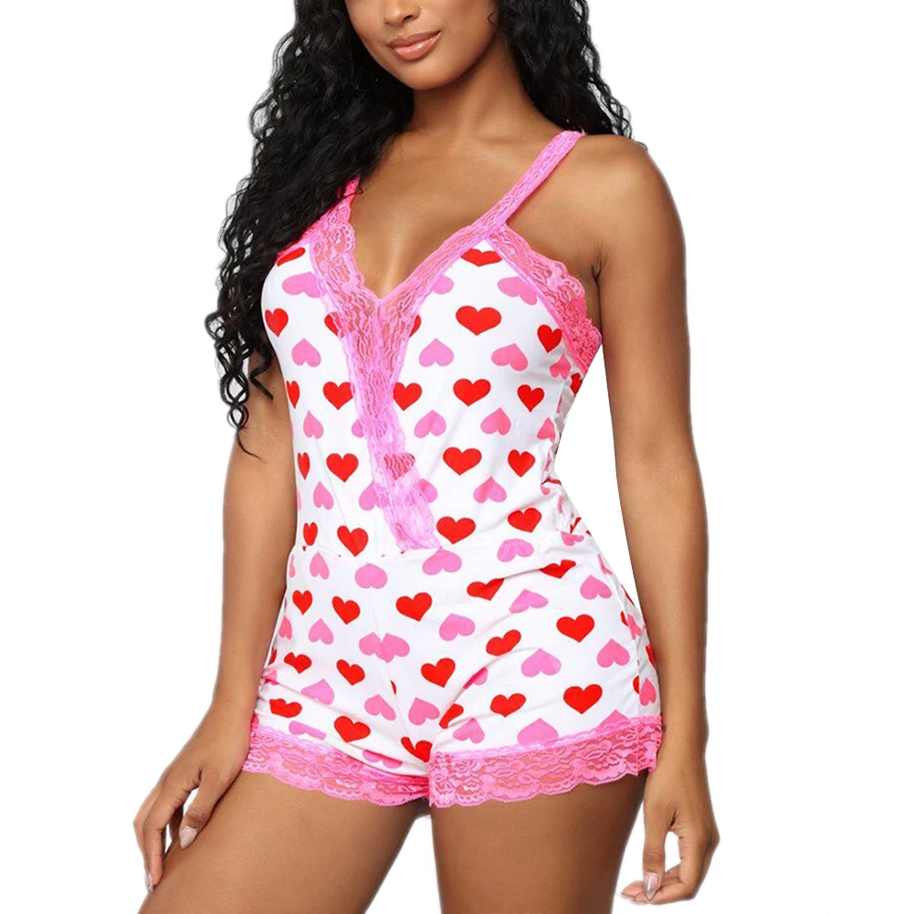 

2020 Women Summer Sexy Sleepwear Heart Printed Lace V-neck Rompers Nightwear Slim Fit Jumpsuit Female Sleeveless Homewear