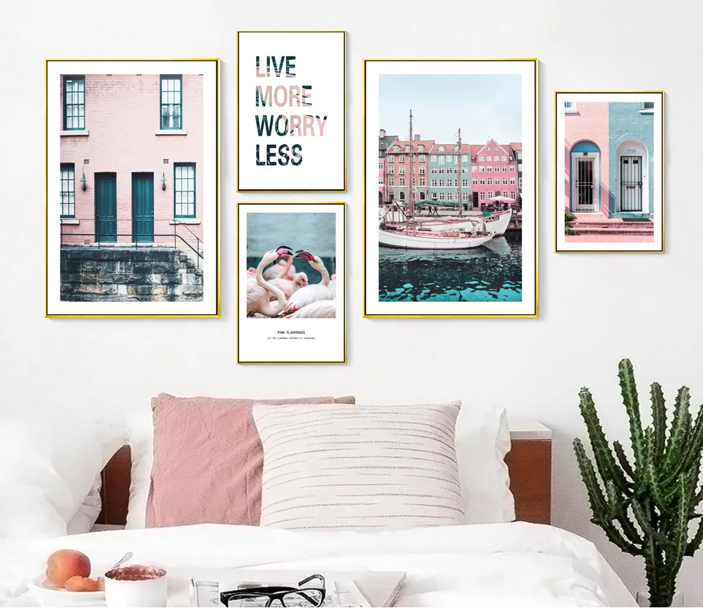 

Scandinavian pink flamingo architecture landscape wall poster nordic canvas print painting contemporary art decoration picture