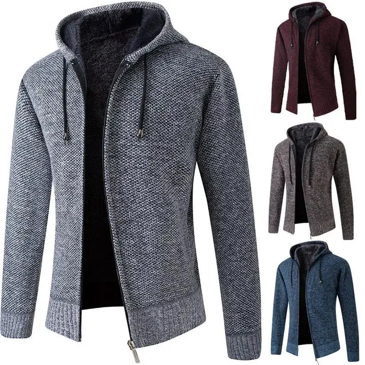 

2021 Autumn Men Hooded Wool Cardigan Sweater Jumper Men Winter Fashion Striped Pockets Knit Outwear Coat Sweater Men
