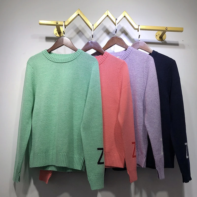 

100% Cashmere Women Sweater Solid Letter Embroidery 2021 New Fashion Winter Autumn O Neck Long Sleeve Casual Chic Pull Femme