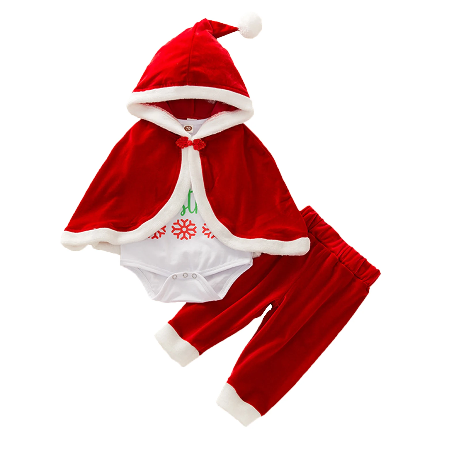 

Baby Girls Christmas Clothes Set, Letter Print Long Sleeve Jumpsuit + Elastic Waist Trousers + Hooded Cloak for Winter
