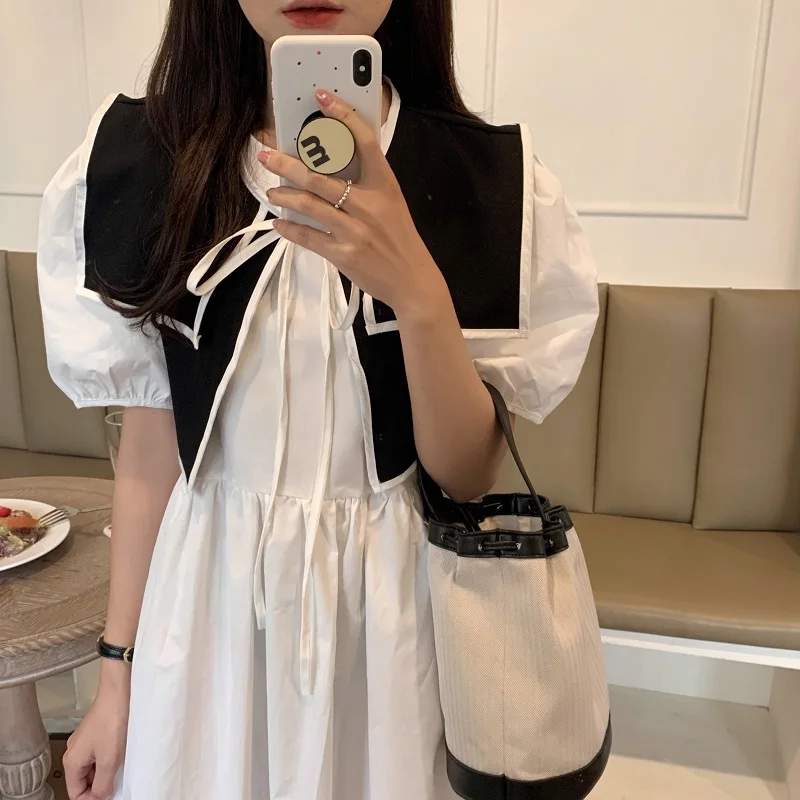 

Summer French Sweet Puff Sleeve Fashion Navy Collar Shawl Dress Women Women'S Loose Short Sleeve Pure Color Lace Dress 2021 New