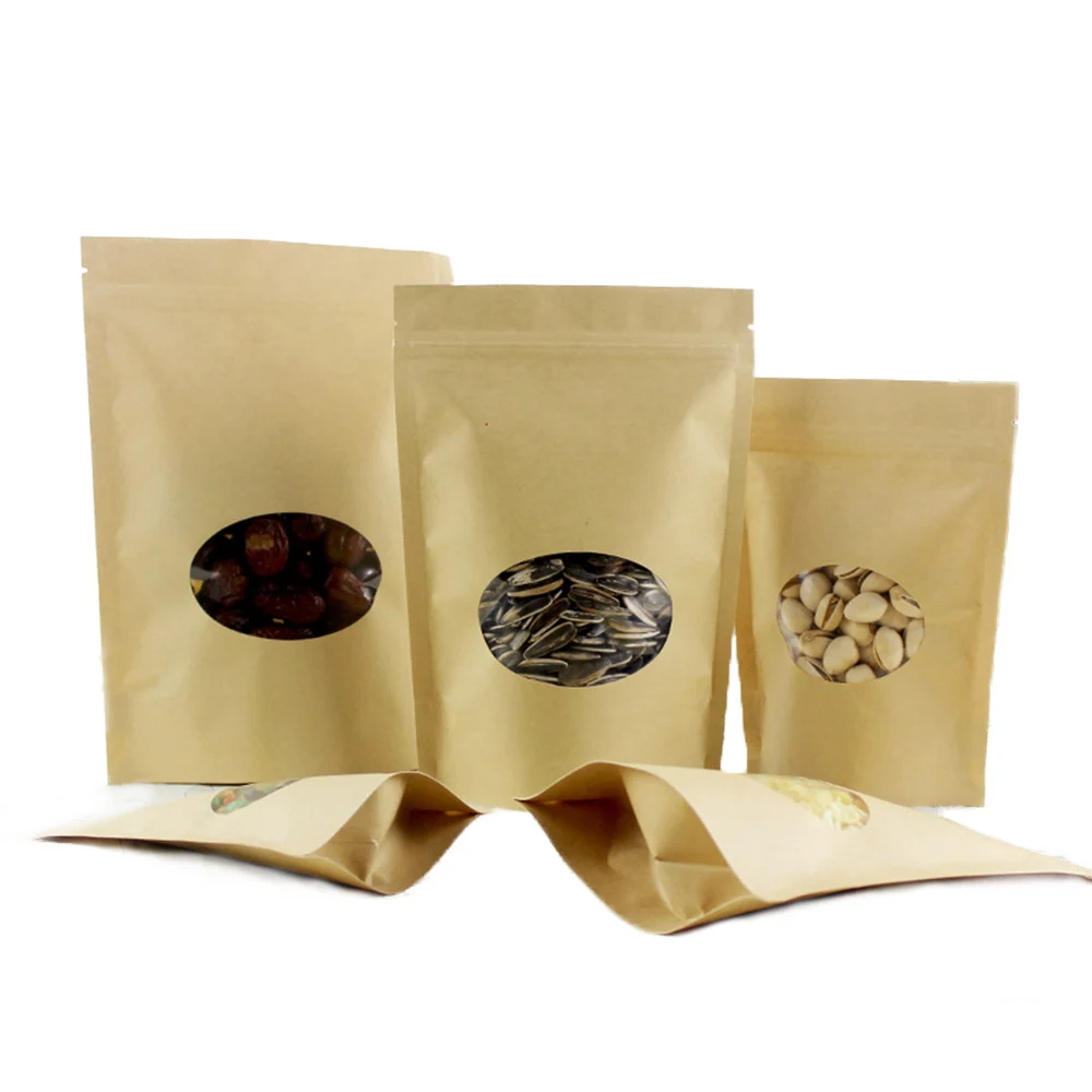 

50pcs/Lot Kraft Paper Bags Stand Up Pouches Resealable Zip Lock Packaging Bag with Clear Window for Grains Food Packing Sac