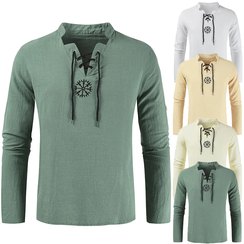 Средневековый Костюм викингов Пиратская льняная футболка костюм в стиле