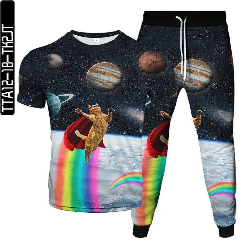 

2021 summer Men's clothing new cat pattern suit men's and women's casual short-sleeved trousers two-piece 3D men's tracksuit