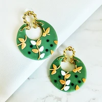 2021 wholesale water drop round soft clay earrings womens handmade green yellow leaf clay earrings for women girl gift