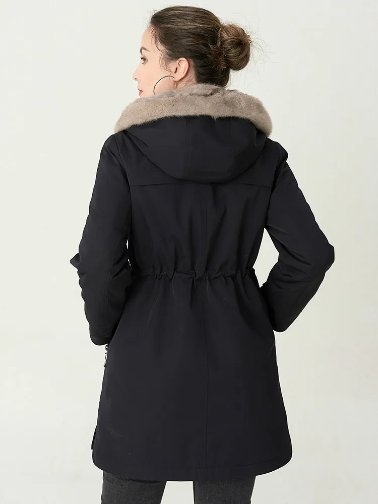 Женское пальто с натуральным мехом норковый меховой воротник капюшоном шуба из