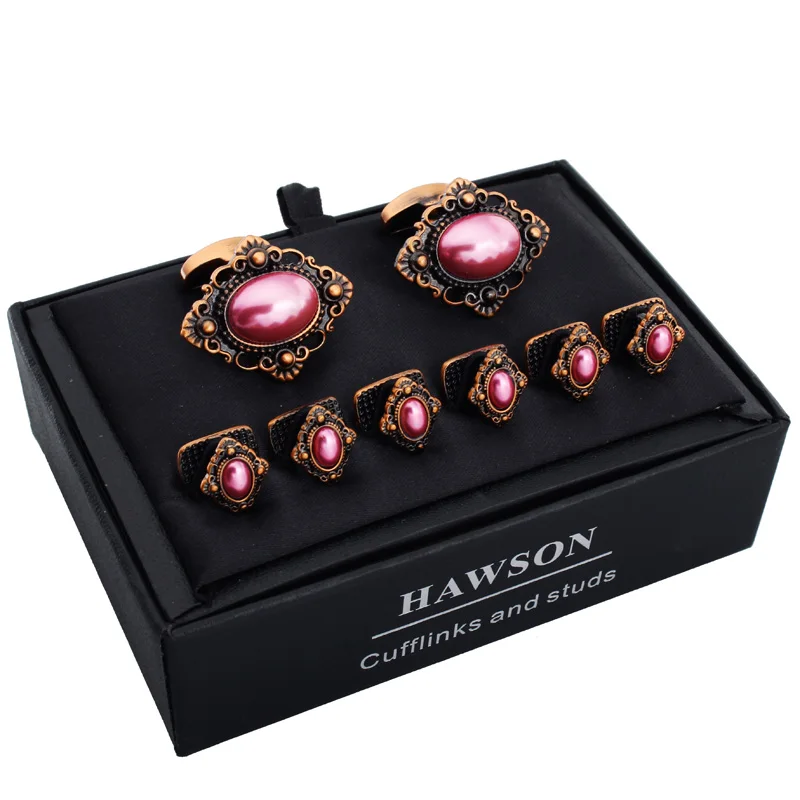 

HAWSON Vintage Cufflinks and Studs for Men Ancient Red Copper Plated with Mother of Pearl Cuff Links Set Best Gifts for Wedding