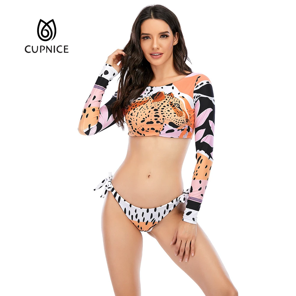 

2021 Bikini Long Sleeve Swimwear Two Piece Surfing Swimsuit For Women Tiger Print Push Up Summer Bath Suit Bandeau Biquini