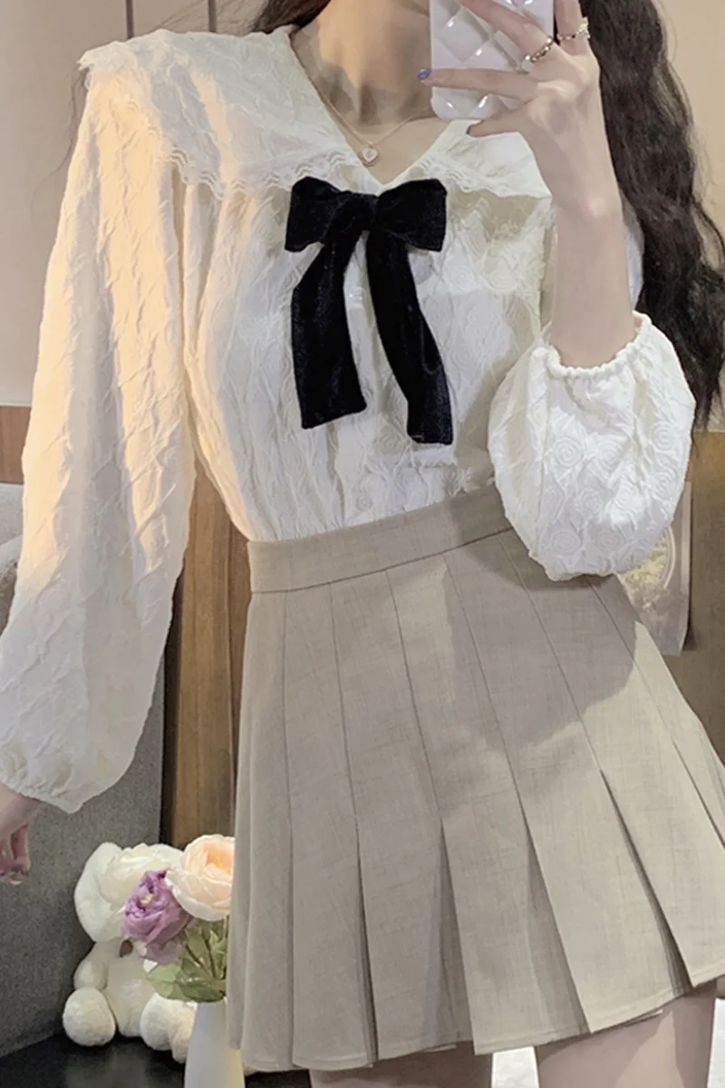 Белая рубашка с детским воротником женская на весну и осень дизайнерская длинным