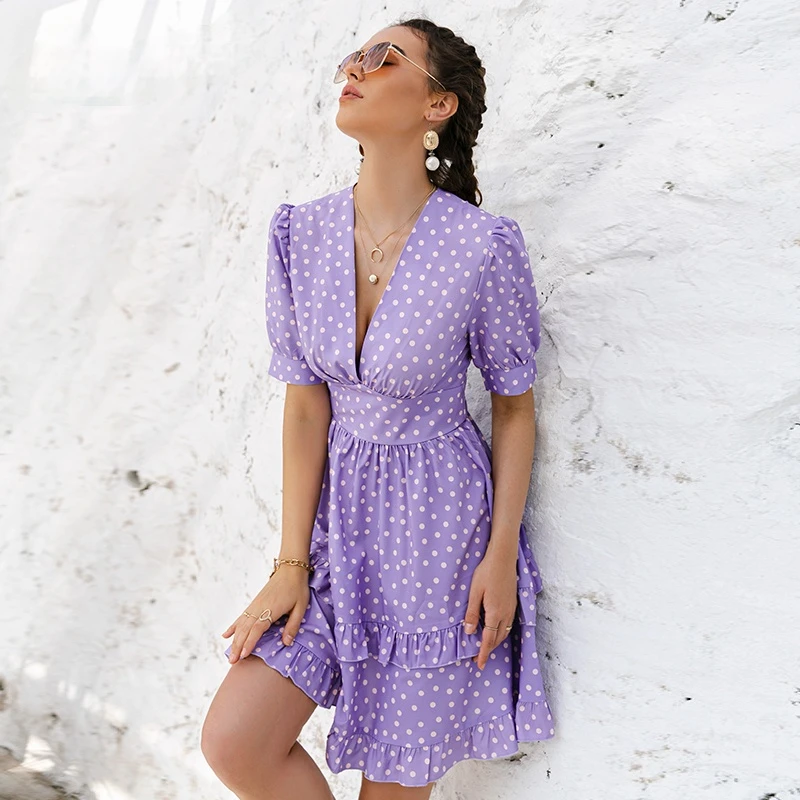 

Женская юбка с V-образным вырезом, летняя фиолетовая юбка в горошек, Пышный рукав, трапециевидная юбка с высокой талией, сексуальный женский ...