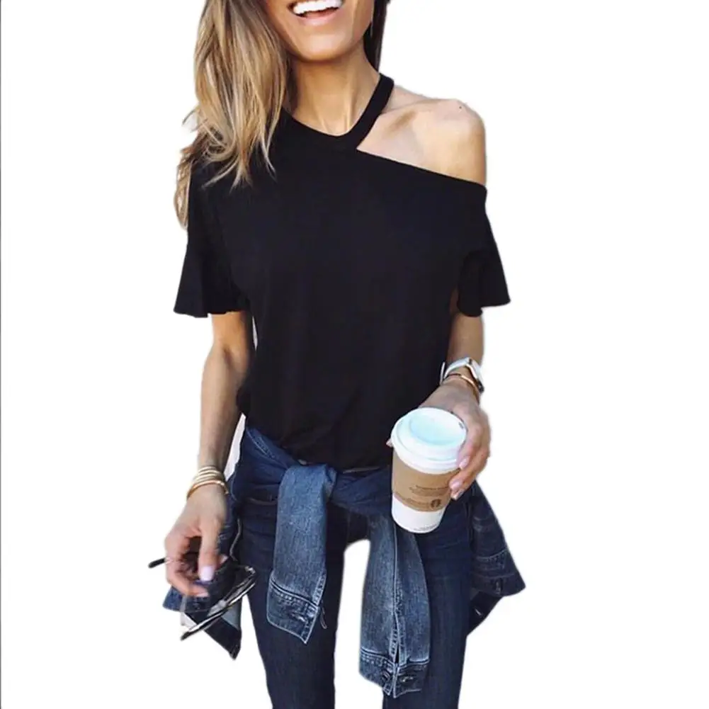 Сексуальная Женская футболка с одним плечом однотонные свободные летние