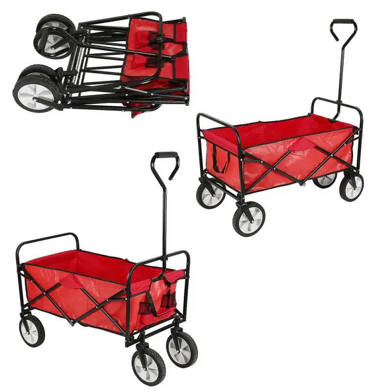 

4 Wheels Foldable Garden Trolley Cart Tool Handcart Red Folding Transport Metal Steel Trolley Garden Outdoor Cart Hand Truck HWC