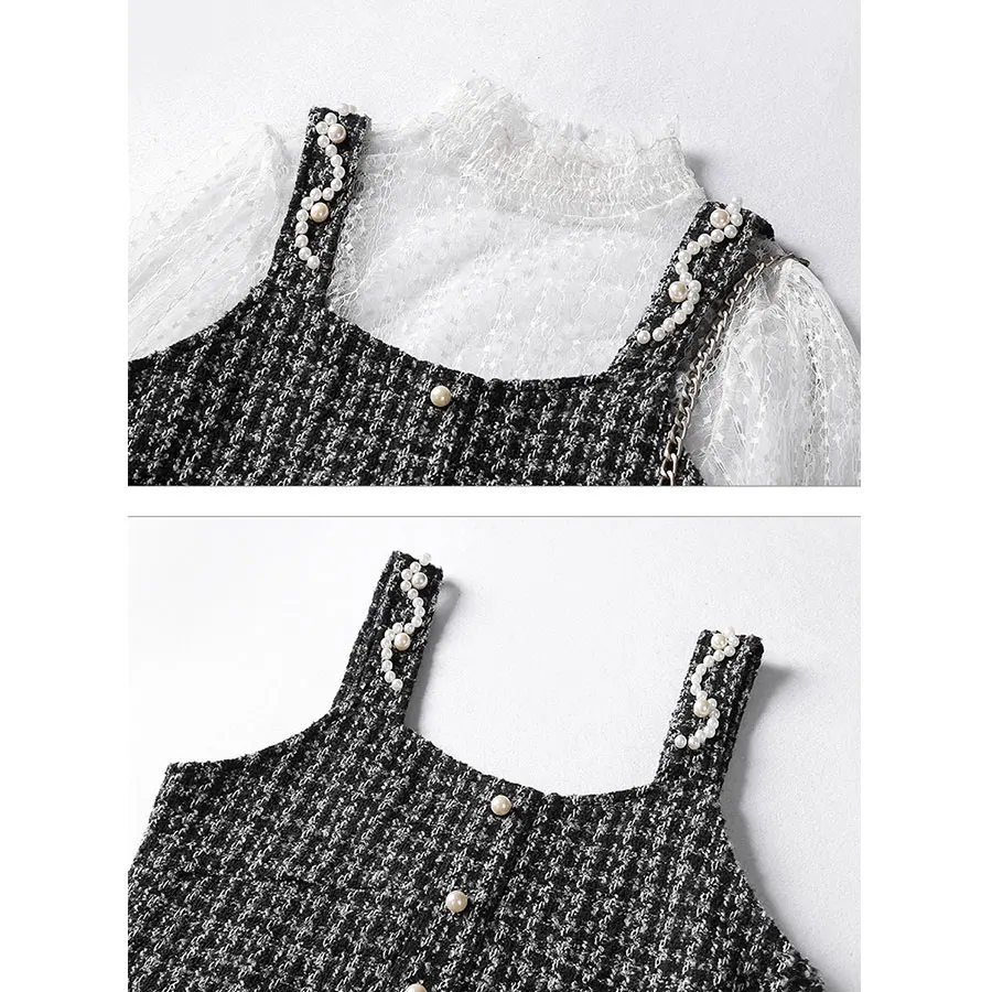 Two Pieces Set Mesh Tops Spaghetti Strap Dress Sexy Lantern Sleeve Mini Vest Dresses Ladies Fashion Elegant Party Dress New