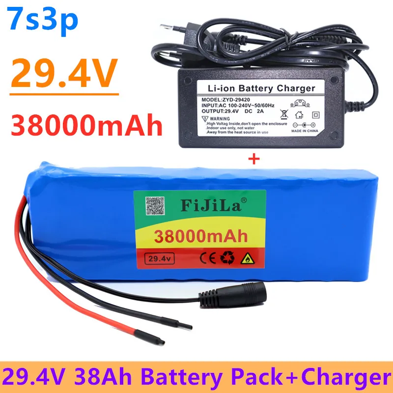 

100% New 7S3P 29.4V 38Ah Li-ion Battery Pack with 20A Balanced BMS for Electric Bicycle Scooter Power Wheelchair +2A Charger