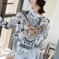 women thin photo newspaper print hooded t shirt 2021 summer lady sun protect long sleeve hollow out sexy streetwear harajuku top