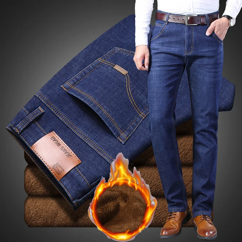 Зимние мужские джинсы 2019 зимние теплые фланелевые Стрейчевые для мужчин прямые